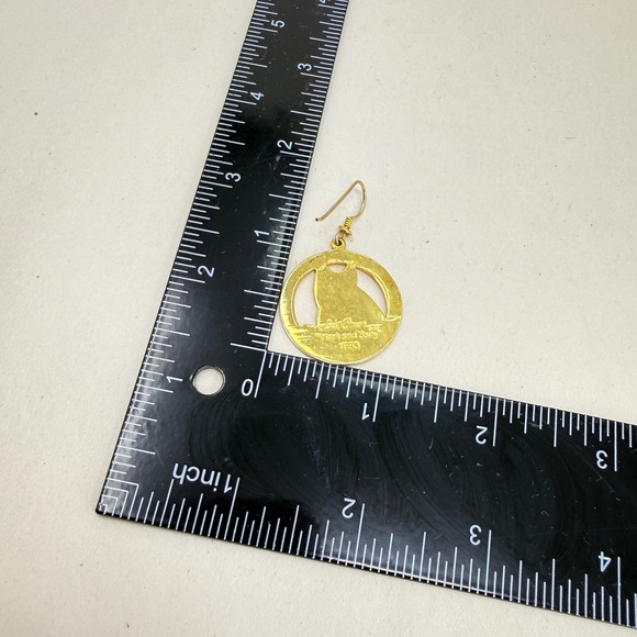 Laurel Burch Mark and Sally Earrings 1993 Enamel Cat Hoop Gold Tone Teal Flower - Picture 5 of 7